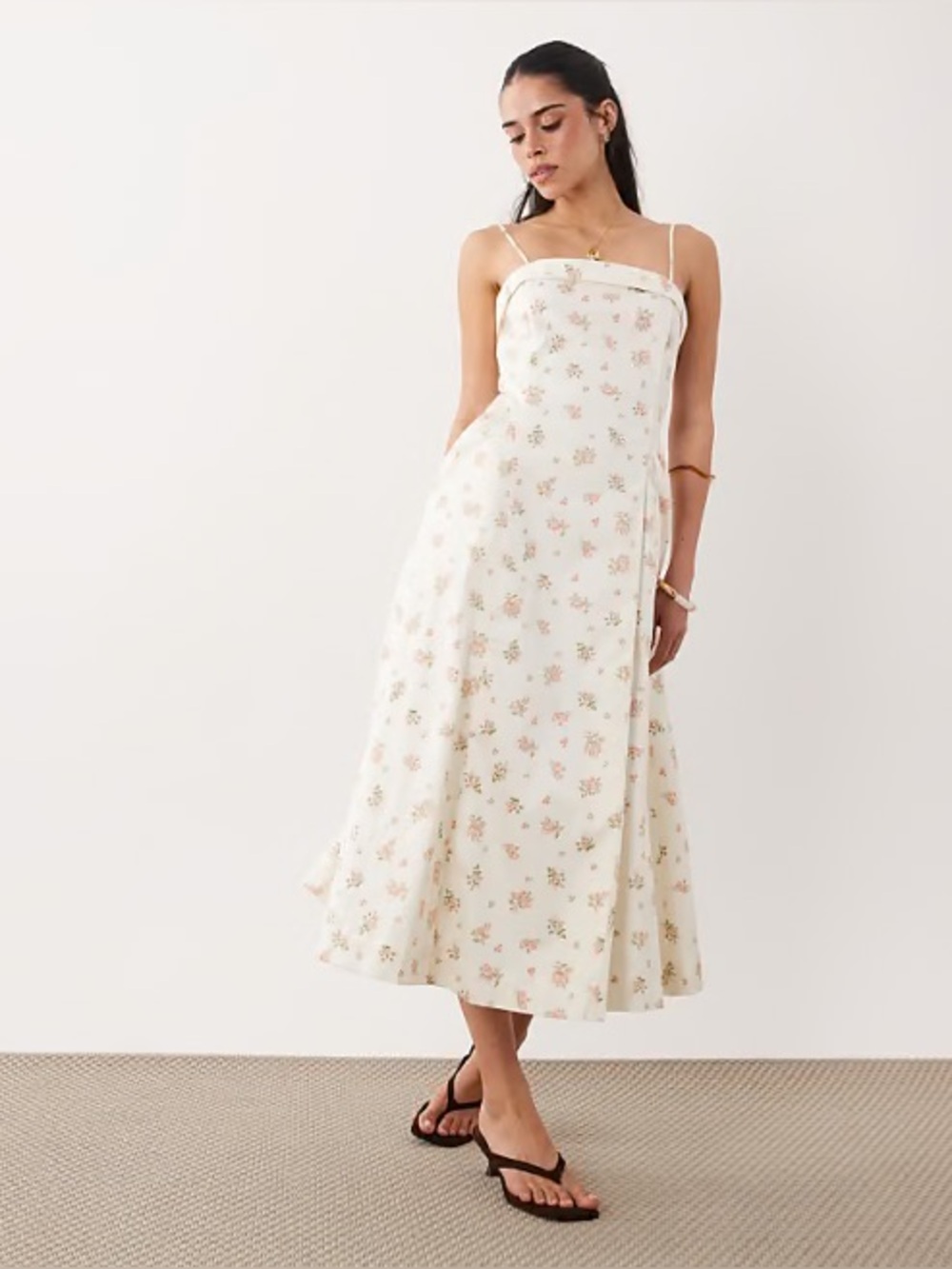 Mango Ditsy a-Line Midi Dress in Cream Floral Print Size 6 Cotton Rich